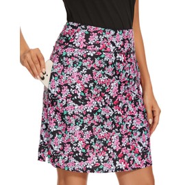M MOTEEPI Golf Skirts for Women with Pockets Knee Length Tennis Skirt Athletic Skort Black Pink Flowers L