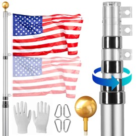 20FT Heavy Duty Aluminum Alloy Telescoping Flag Pole Kit 3 Display Modes 3x5 for Outdoor Ground Display for Yard & Lawn SignsType: Telescopic, Height: 20 ft