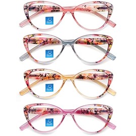 HEEYYOK Blue Light Cateye Reading Glasses Blocking for Women 0.00 4-Pack,Floral Pattern Stylish Readers with Soft Pouches Lightweight Eyeglasses Anti Eye Strain Glare UV