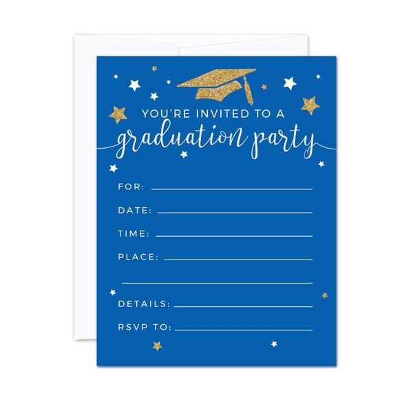 Andaz Press Royal Blue and Gold Glittering Graduation Party Collection, Blank Invitations with Envelopes, 20-Pack