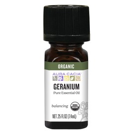 Aura Cacia 100% Pure Geranium Essential Oil | Certified Organic, GC/MS Tested for Purity | 7.4 ml (0.25 fl. oz.) | Pelargonium graveolens