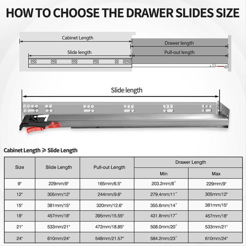 BAIDICE 1 Pair Soft Close Drawer Slides 9 12 15