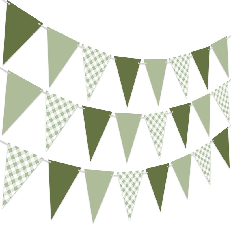 3Pcs Sage Green Gingham Pennant Banner Pre-Strung Triangle Flag Garland