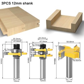 Pangyoo PYouo-Best Router bit 3pcs 12MM 1/2inch Shank Tongue Groove Joint Assemble Router Bits 3/4" Stock T-Slot Tenon Cutter Milling for Wood Woodworking Durable Products