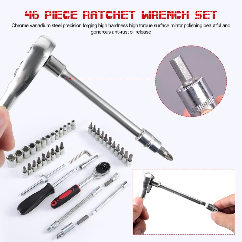 WiMas 46PCS Socket Wrench Set, Ratchet Socket Set, Metric Drive
