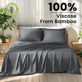 Shilucheng 100% Viscose Derived from Bamboo_ Sheets Cal King Size 6pcs - Ultra Cooling & Silky Soft Bed Sheets, 16" Deep Pocket, Perfect for Hot Sleepers, Hotel Bedding Sheets (Dark Grey)