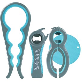 YUNYU 4-in-1-Glasöffner + 5-in-1-Flaschenöffner-Set mit rutschfestem Silikon-Greifer-Pad, 4 Packungen Multifunktionsöffner für schwache Hände, Arthritis, Senioren und Kinder