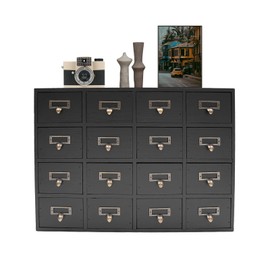 16 Drawers Apothecary Cabinet Library Card Catalog File Cabinet Wooden Desk Drawer Organizer Apothecary Chests Herb Storage Box Apothecary Desk Organizer for Home Office, Black