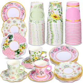 192 PCS/96 Sets Disposable Floral Paper Tea Cups and Saucers Bulk, 9 oz Handle Teacups with 6" Saucers for Tea Party Supplies, Vintage Flower Coffee Cups for Mother's Day Birthday Wedding