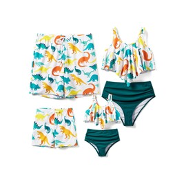PATPAT Family Dinosaur Swimsuits Matching Set Matching Mom and Son Bathing Suit Hawaiian Tropical Dinosaur Print Beach Vacation Dad and Son Matching Swim Trunks for Boys 8-9 Years