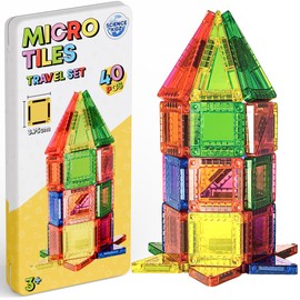 Science Kidz 40-Piece Mini Magnetic Tiles Travel Set - 40 Magnetic Building Tiles & Travel Tin - Magnetic Shapes For Kids - Aeroplane Activities Travel Toys