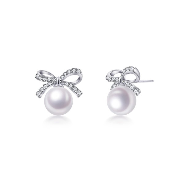 PHNIBIRD Pearl Earrings 925 Sterling Silver Stud Earrings Silver Bow