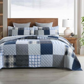 DURLENGEN Blue & Grey Patchwork 100% Cotton King Quilt 3Pcs,Patchwork Blue & Grey Pattern on White,Luxury Lightweight Coverlet Sets for All Season(King 106x96,Blue & Grey Patchwork)