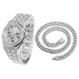 Halukakah Diamond Gold Watch, Men's 18K Real Gold-Plated/Platinum White Gold-Plated 40 mm Wide Roman Numerals Dial Quartz Bracelet 22 cm with Cuban Link Chain 20 + 45 cm Necklace Bracelet with Gift