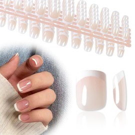 Elevenail 5 Packs French Tip Press on Nails Short Square Round Fake Finger Nails, Full Cover Glossy Nude False Nails Acrylic Glue on Nails for Kid Women Girls with 5 Sheets Adhesive Tabs