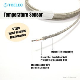 TCELEC TCE-K01HT-2000 K Type Metal Wrapped Durable and High Temperature Resistant Thermocouple Sensor Probe for Oven and Furnace with Temperature Range from 77℉ to 932℉