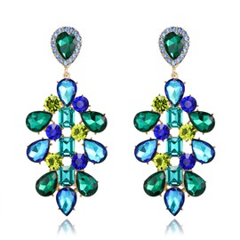 BriLove Stunning Crystal Rhinestone Teardrop Rectangle Vintage Emerald Cut Long Chandelier Drop Dangle Earrings for Women Party Prom Green Blue Gold-tone