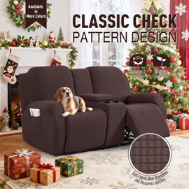 TAOCOCO Loveseat Recliner Cover with Middle Console, Stretch Loveseat Cover for 2 Seat Recliner Couch, Jacquard Reclining Sofa Covers Loveseat Slipcover Furniture Protector, Dark Coffee