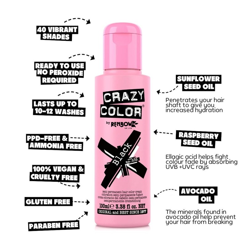 Crazy Color Black Semi-Permanent Duo Hair Dye. Highly Pigmented Blue