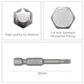 DAKCOS T20 Bit Long, Torx Bit T20, Bit Assortment from S2 (Length: 50 mm, Pack of 10)