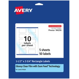 Avery Glossy Clear Rectangle Labels with Sure Feed, 1.5" x 2.75", 50 Glossy Clear Labels (36514)
