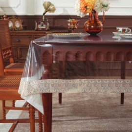 Wonderla Clear Vinyl Lace Tablecloth,PVC Rectangle 100% Waterproof Oil Proof Clear Table Cloths Lace,Table Protector for Indoor Outdoor Holidays Party Decor.(Gold Metallic Trim,52″ x 70″)