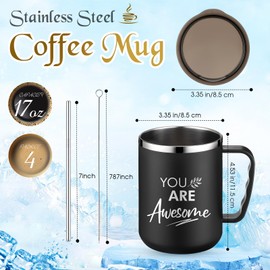 Sumind Thank You Employee Appreciation Gifts 17 oz Inspirational Stainless Steel Coffee Mugs with Handle Lid Straw for Thanksgiving Christmas Staff Coworker Teacher Gifts(Black,4 Pcs)