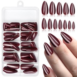 Bellelfin 120Pcs Burgundy Press on Nails Almond Medium Length, Full Cover Cat Eye Press on Fake Nails Glossy Acrylic Almond Shape Glue Nails for Women Girls