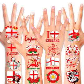 DPKOW 72pcs England Temporary Tattoos St. George's Day Accessories, Waterproof England Flag Temporary Tattoos Tudor Rose I Love England Tattoos for England Party Favours St. George's Day Decorations
