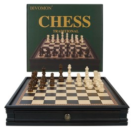BIVOMON 12.5’’ Wooden Chess Set, Magnetic Chess Pieces with 2 Built-in Storage Drawers - Chess Broad Game for Beginner, Kids, Adults - 2 Bonus Extra Queens