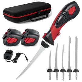 Pratuor Cordless Electric Fillet Knife - 5 Ti-Nitride Coated Non-Stick Blades, Ergonomic Non-Slip Grip Handle & Cooling Vent Stylish with Carry Bag,Perfect Electric Knife for Effortless Fishing (Red)
