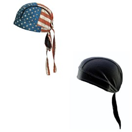 Generic Lot or Set of 2 Distressed Faded Patrotic American Flag and Solid Black Moisture Wicking Headwrap Durag Skull Cap Biker Doo Rag Headwear