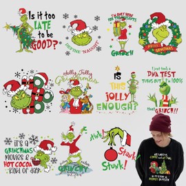 12 Sheets Christmas Decorations Iron on Transfers Patches Cartoon Xmas Green Monster Iron on Transfer Stickers Vinyl Heat Transfers Iron on Decals Appliques for Clothes T Shirts DIY Craft Supplies
