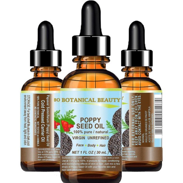 Botanical Beauty POPPY SEED OIL Papaver Somniferum 100 % Pure Natural VIRGIN UNREFINED Cold Pressed Anti Aging Vitamin E oil for Face, Skin, Body, Hair, Nail Care 1 Fl.oz.- 30 ml