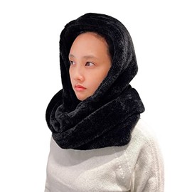 Lina & Lily Faux Fur Hood & Infinity Scarf Combo Winter Head Neck Wrap for Women Men (Black)