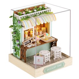 CUTEROOM DIY Miniature House Kit, Wooden Dollhouse Kit Mini House Making Kit with Furnitures and Dust Cover (Dessert Time)