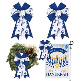 Glodecart 2PCS Hanukkah Bow for Wreath, Glitter Blue Star of David Wreath Bow for Hanukkah Party Décor, Chanukah Christmas Wreath Bow for Front Door Indoor Outdoor Wall Tree Topper Supplies Ornament