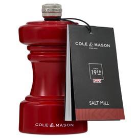 Cole & Mason Hoxton Mill - Table Salt Grinder - Refillable Sea Salt Grinder - Kitchen & Home Accessory - Salt Mill with Ceramic Mechanism - 4'', Red Gloss