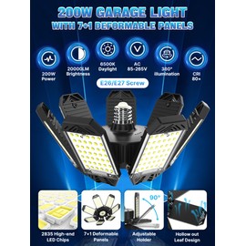 HAPYLUMI LED Garage Light 200W, 2 Pack 20000LM Bright Garage Lights Ceiling Led with 7 Adjustable Panels, 6500K Shop Lighting Screw in E26/E27 Bulb Socket, LED Lights for Shop Barn Basement Bay