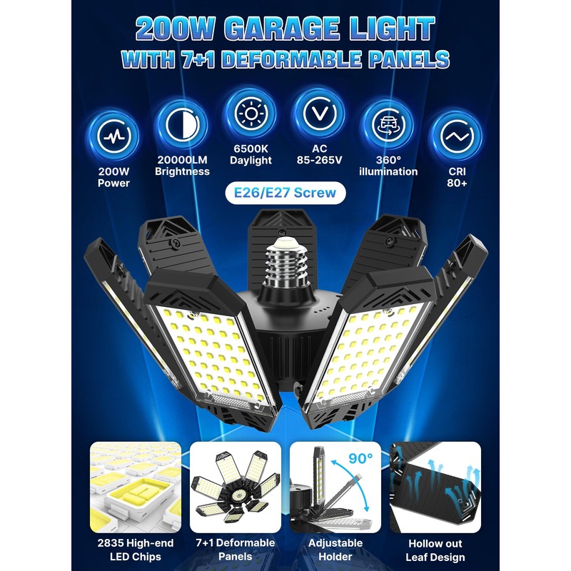 HAPYLUMI LED Garage Light 200W, 2 Pack 20000LM Bright Garage