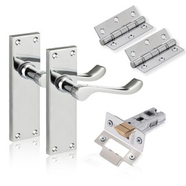 XFORT Chrome Elegance Range Polished Chrome 6" Victoran Scroll Lever Latch Door Pack, Complete Set with Door Handles, 65mm Tubular Latch and 75mm Ball Bearing Hinges, for Internal Wooden Doors