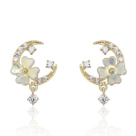 Meissa Sterlingsilber-Ohrringe für Frauen, Mond, Blume, Perlen, baumelnde Ohrringe, Zirkonia, Statement-Ohrringe, handgefertigter Schmuck, hypoallergen (Gold)