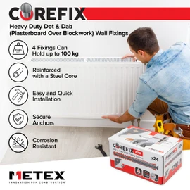 Corefix 120mm Heavy Duty Dot & Dab Wall Fixings - Plasterboard Over Blockwork Wall Plugs & Screws - for Wall Units, Shelving & More - Holds 100kg on 4 fixtures - Reinforced Steel Core – Box of 24