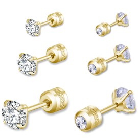 3 Pairs Stud Earrings Set for Women Men, Round Cubic Zirconia Studs, Hypoallergenic Double Sided Cubic Zirconia Earrings for Women Men3-5-7mm (Gold)