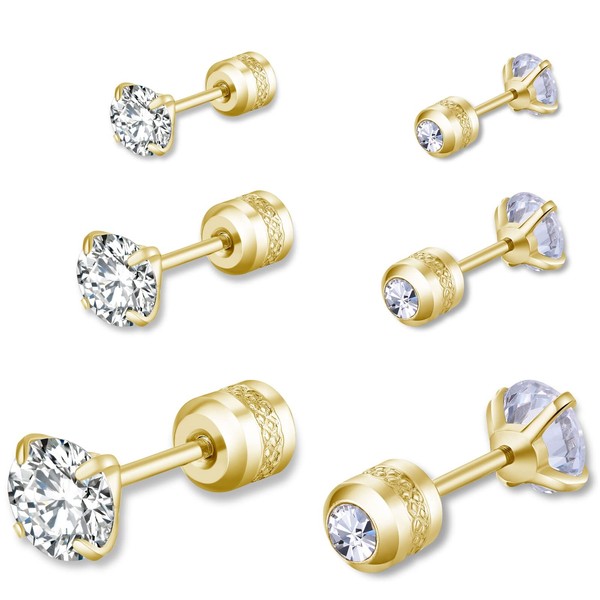 3 Pairs Stud Earrings Set for Women Men, Round Cubic