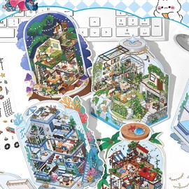 New 4PCS Fun DIY Stickers Scene，Cute 3D Korean Cartoon Scene Sticker for Adult and Children Relief Stress Pass The Time，Mini House Sticker with Tweezers(04)