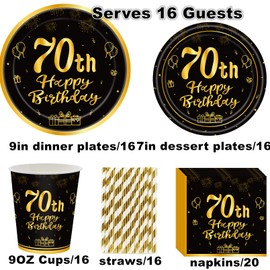 70th Birthday Party Supplies, 70th Birthday Party Tableware Include 70th Birthday Party Plates, Napkins, Cups Straws for Men and Women 70th Birthday Party Decorations Serves 16 Guests