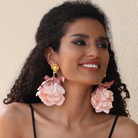 Aksod Bohemian Flower Earrings Pink Large Floral Earrings Stud Big Lightweight Fabric Rose Dangle Earrings Statement Jewelry for Women (Light Pink)