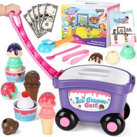 Torlam Ice Cream Cart for Kids Toys, Pretend Play Food Toys Ice Cream Shop Counter Play Set Scoop and Cone Maker Toy, Toddler Grocery Play Store for 3 4 5 6 Year Old Boy Or Girl Toys