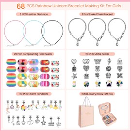 AMLEBE Kit para hacer pulseras con dijes para niñas, 66 piezas de joyería con caja de regalo y bolsa, kit de joyería de regalo para niñas adolescentes, manualidades para niñas de 8 12 años